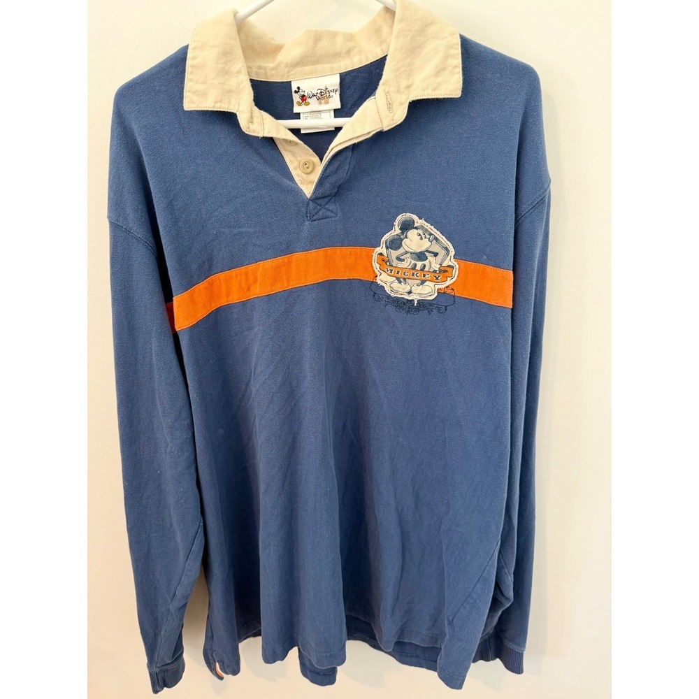 Disney Rugby Shirt Mens XL Navy Blue Good Vintage Mickey Mouse Patch Long Sleeve